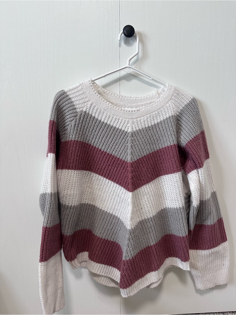 Striped Crewneck Sweater in White, Gray & Mauve